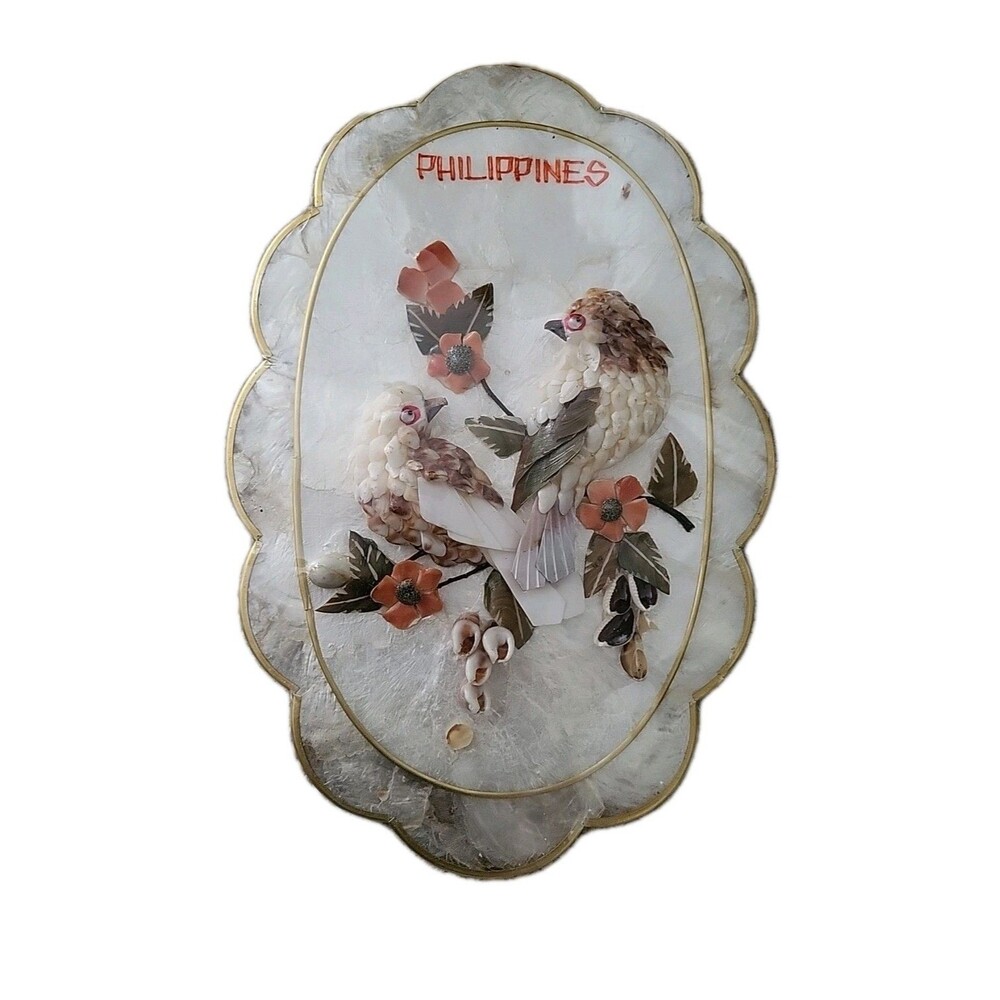 2 Vintage Capiz Shell Scalloped Seashell Art Birds Floral Phillipines Sealed GUC